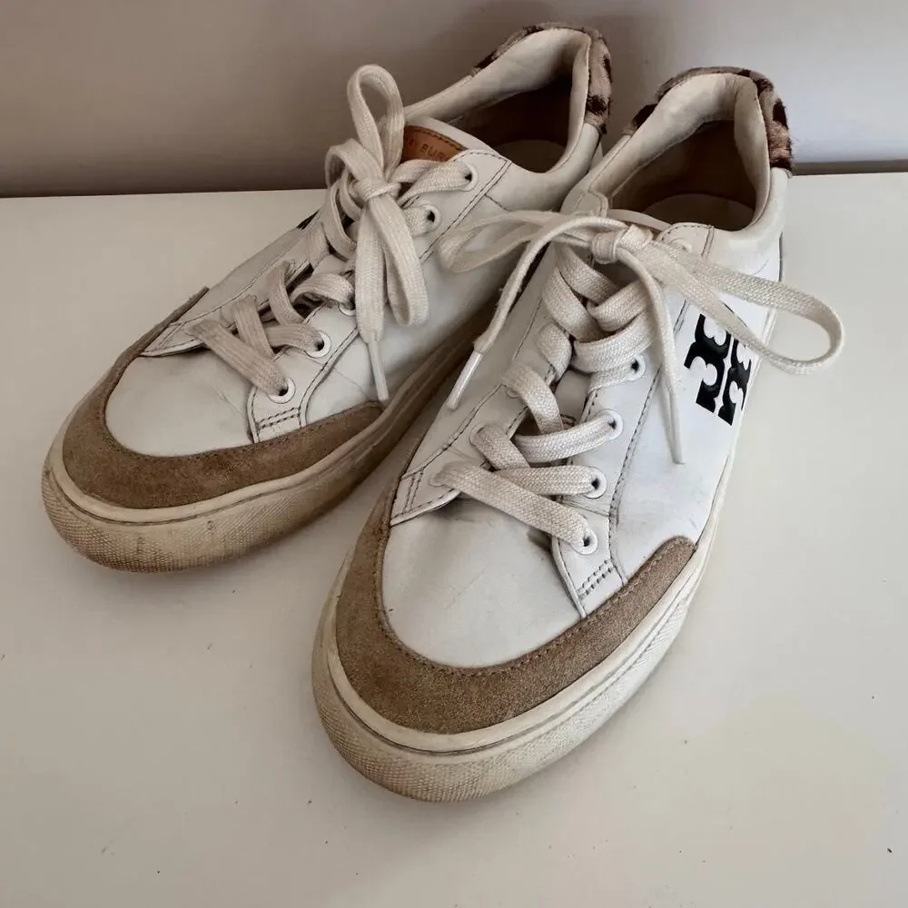 Tory Burch White Leather Andrea Color Block Logo Court Sneakers Womens Size 8